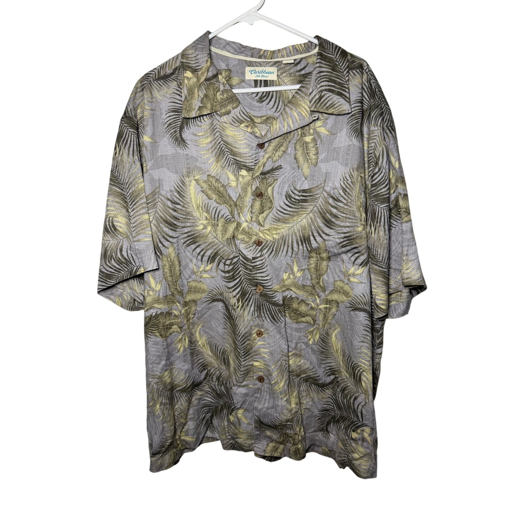 Caribbean Silk Blend Mens 3XB Grey Tropical Palm Herringbone Camp Shirt